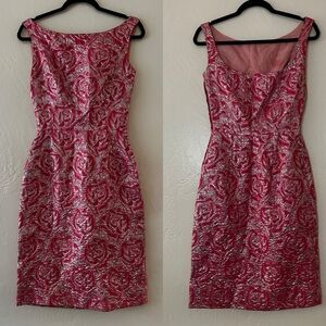 #1960s Silver and Pink Roses Pencil Dress